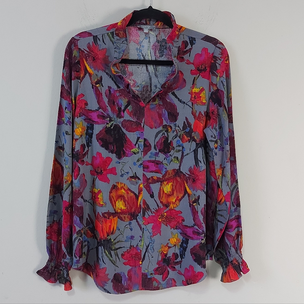 Habitat Watercolor Floral Smocked Ruffle Cuffs Flounce Collar Pullover Top XS
